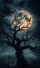Fototapeta premium Bats flying over a dead tree and moon.