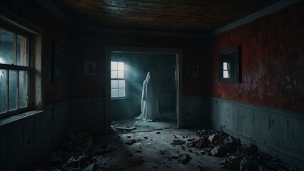 A ghost standing in front a window in a dilapidated house