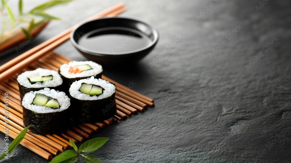 Poster enjoy fresh japanese sushi rolls featuring cucumber and accompanied by soy sauce, set against a styl