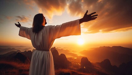 Happy man thinking felling ambitious empowerment energy vision on moutain background. Christian prayer love freedom worship praise God. Strength courage self confidence good for yourself concept