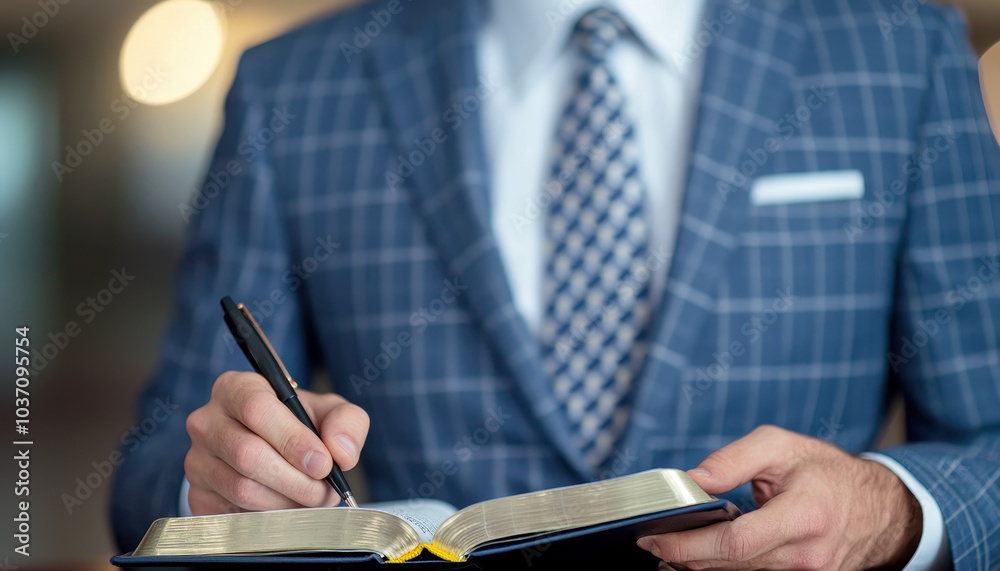 Aufkleber a well-dressed man in a suit writes in a notebook, exemplifying professionalism and focus in a moder