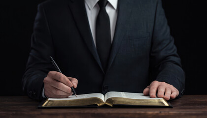 A suited individual writes in an open book, set against a dark background, emphasizing a formal and scholarly atmosphere.