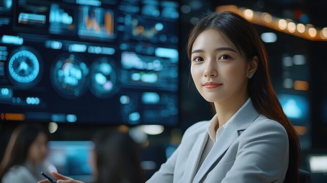 An Asian business leader guiding a team on digital transformation, using advanced digital tools and collaborative software in a modern conference room. - Powered by Adobe