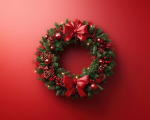 Classic Christmas Wreath Adorned with a Big Red Ribbon, Festive Holiday Decor, Traditional...