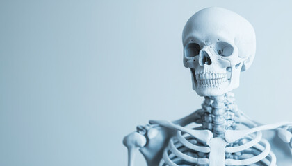 A realistic human skeleton model displayed against a soft blue background, showcasing anatomical features in a clear and educational manner.