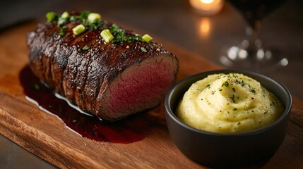 A perfectly cooked steak with mashed potatoes and a glass of red wine.