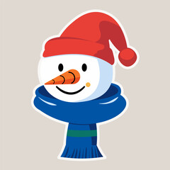 vector art design, a illustration of cheerful snowman with a cozy red Santa hat and a bright blue scarf, friendly smile bring warmth and charm , festive holiday character. Ideal for Christmas,  winter
