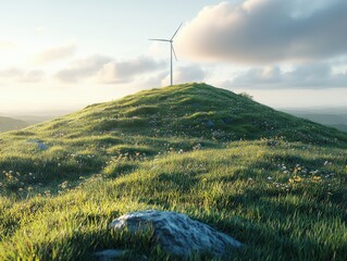 Wind turbine on a grassy hill, serene landscape, clear sky, sustainable energy symbol, peaceful rural setting, environmental focus
