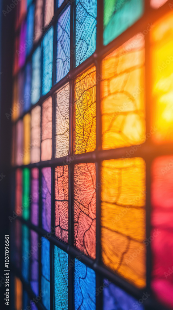 Poster A vibrant stained glass window showcasing a beautiful array of colors and intricate patterns illuminated by sunlight.