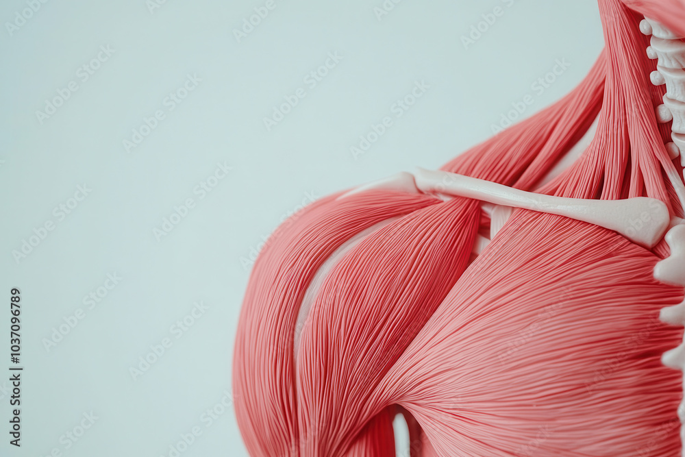 Poster a detailed anatomical model displaying human shoulder muscles against a plain background, illustrati