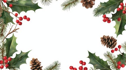 Fototapeta premium A festive frame with holly leaves, pinecones, and red berries, perfect for holiday-themed designs or greetings.