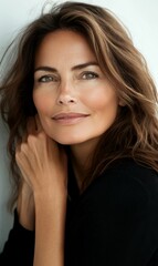 Naklejka premium Woman with brown hair and green eyes in black shirt.