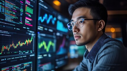 Obraz premium An Asian entrepreneur managing an e-commerce platform, monitoring sales and customer data on multiple screens in a vibrant, modern office.