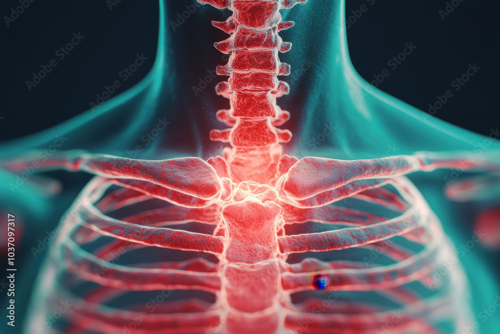 Poster a detailed, digital depiction of a human ribcage, emphasizing the spine and highlighting the skeleta