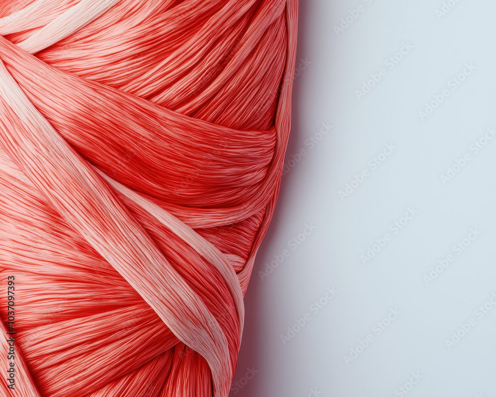 Poster a vibrant swirl of coral yarn, softly illuminated, showcases its texture and color against a light b