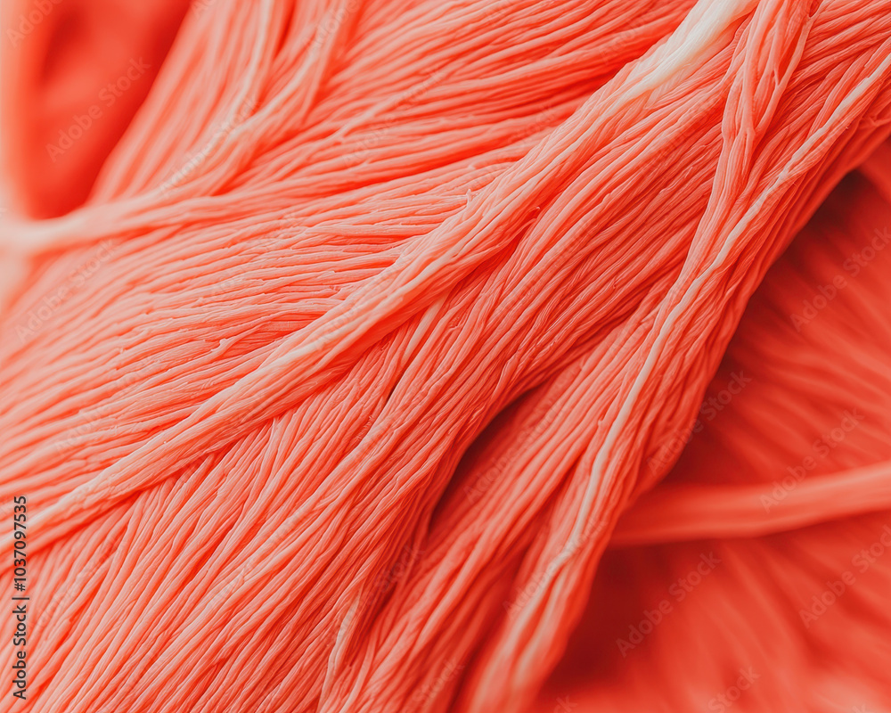 Poster A close-up of soft, coral-colored yarn, showcasing its delicate fibers and texture, perfect for crafting and knitting projects.