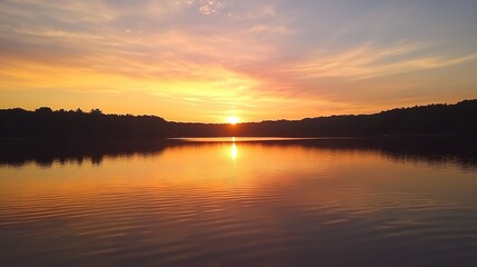 Fototapeta premium Vibrant Sunset Reflected in a Smooth, Glassy Lake: A Serene Nature Scene. This picturesque view captures the stunning colors of the sunset mirrored in the tranquil waters of the lake, 