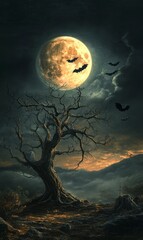 Curtains Bats fly by a full moon over a dead tree.