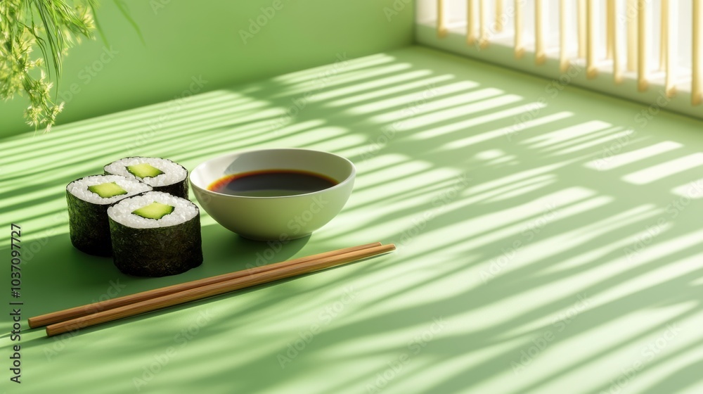 Aufkleber a beautiful arrangement of sushi rolls with cucumber alongside a bowl of soy sauce, presented on a f