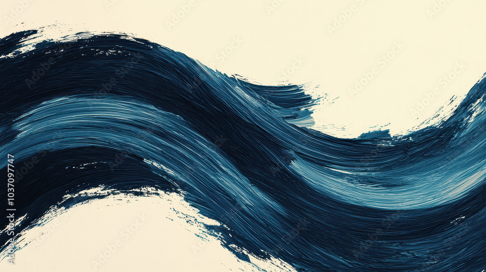 Poster a flowing abstract design featuring deep blue brushstrokes against a light background, creating a se