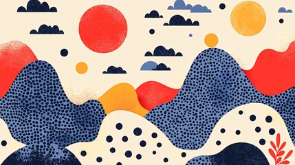 Abstract landscape illustration with mountains, clouds, and sun in a retro style.