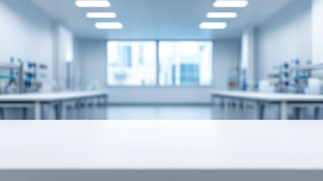 A clean, modern laboratory with blurred high-tech equipment in the background. White empty table in the foreground for product placement.