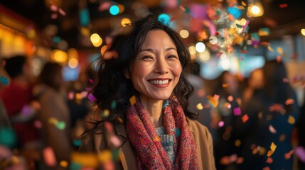 An Asian small business owner celebrating a grand opening with a multicultural community, creating a lively, inclusive atmosphere.