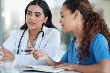 Woman, doctor and nurse meeting at desk for hospital schedule, medical advice or planning....