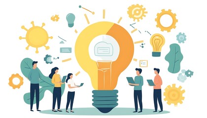 Group of People Surrounding a Large Light Bulb Idea