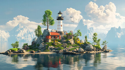 A small island featuring a charming lighthouse standing watch over the tranquil waters.