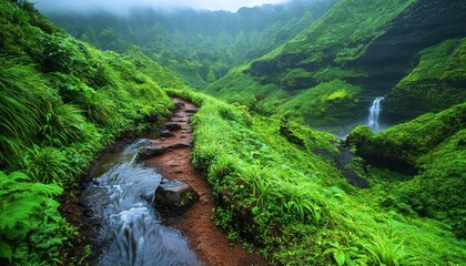 A lush green landscape with a winding path and waterfall, showcasing nature's beauty.