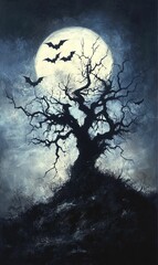 Fototapeta premium A dark, ominous tree silhouetted against a moonlit sky.
