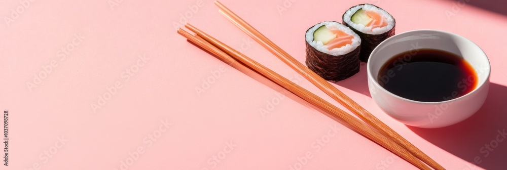Aufkleber two sushi rolls with cucumber and a bowl of soy sauce accompany chopsticks on a vibrant pastel backg