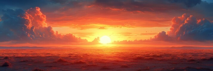 Fototapeta premium Vibrant sunset illuminating vast desert expanse, soft hues blending in serene solitude, vastness inviting reflection and tranquility