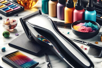 Close-up of wireless hair clippers Shiny metal with make up brushes and cosmetics in salon room