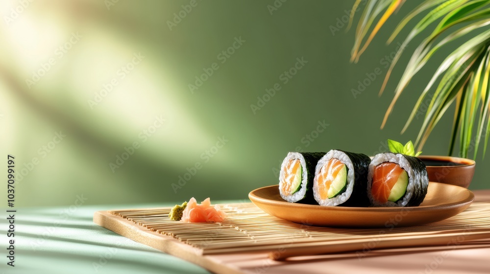 Aufkleber savor the delicious sushi roll filled with cucumber, served alongside soy sauce and garnished with w