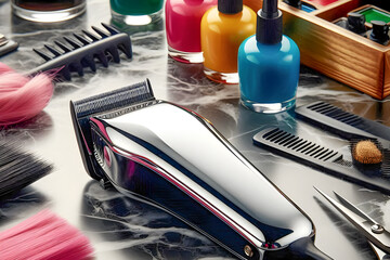 Close-up of wireless hair clippers Shiny metal with make up brushes and cosmetics in salon room