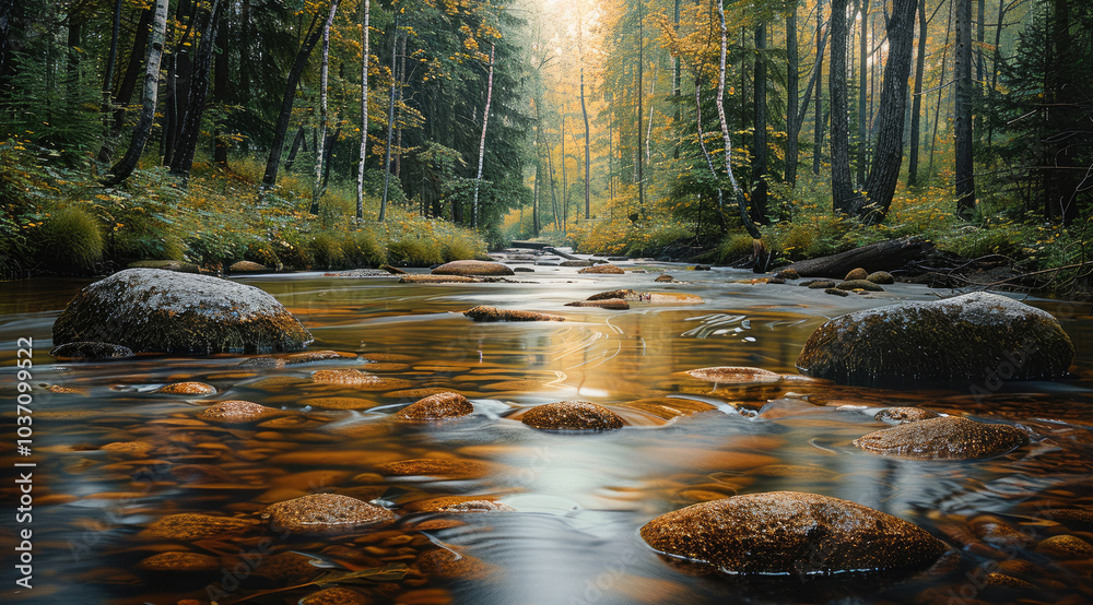 Poster A slow-moving river winding through a quiet forest, with smooth rocks beneath the surface and soft reflections of the trees above.