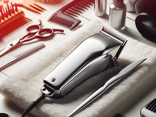 Close-up of wireless hair clippers Shiny metal with make up brushes and cosmetics in salon room