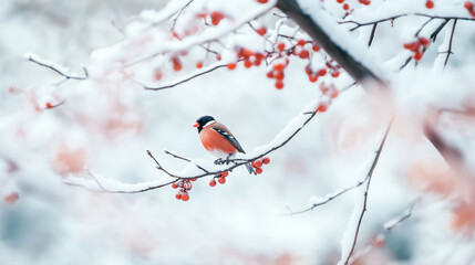 Eurasian bullfinch perched on snowy branch with red berries in winter scene