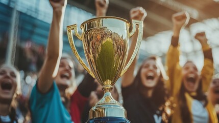 A gleaming golden trophy with a jubilant team celebrating in the background, symbolizing hard work, achievement, and recognition.