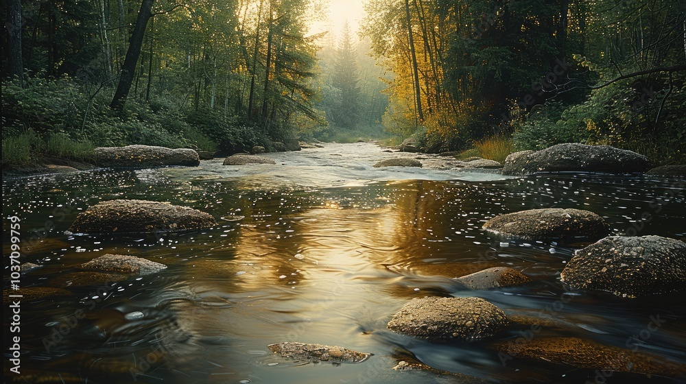 Aufkleber A slow-moving river winding through a quiet forest, with smooth rocks beneath the surface and soft reflections of the trees above.