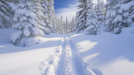 Picturesque cross country skiing path meanders through a snow-draped forest on a clear winter day