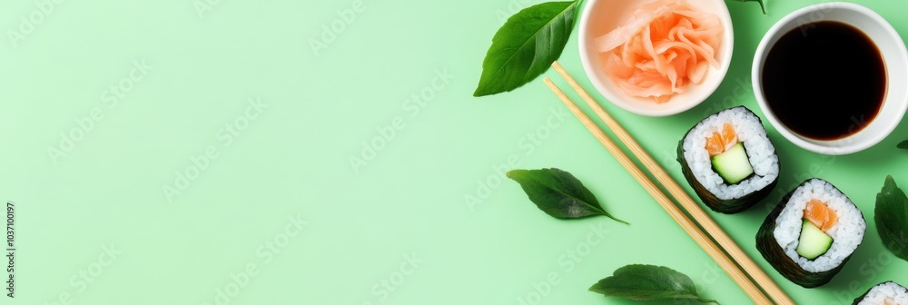 Poster Enjoy a fresh sushi roll filled with cucumber, accompanied by soy sauce and chopsticks, elegantly arranged on a colorful background. Generative AI