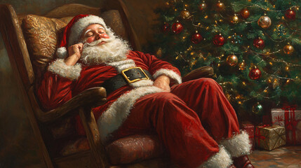 A sleepy Santa Claus taking a nap on a rocking chair with a decorated Christmas tree behind him.