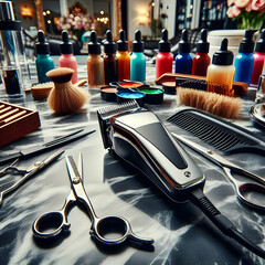 Close-up of wireless hair clippers Shiny metal with make up brushes and cosmetics in salon room