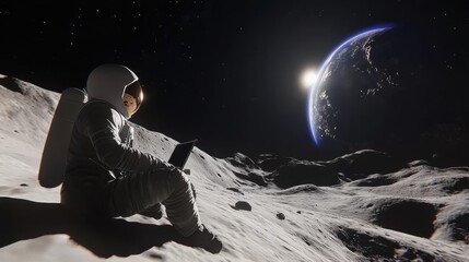 Obraz premium A lone astronaut on the moon's surface working on a laptop, with a breathtaking view of Earth in the background.