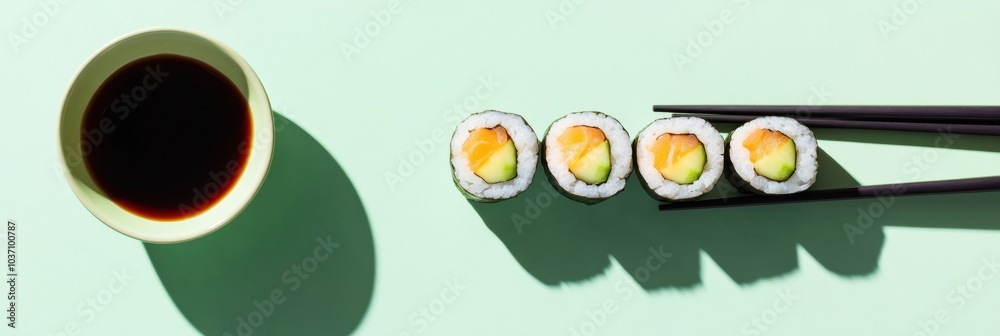 Poster Sushi rolls filled with fresh cucumber are elegantly arranged beside a bowl of soy sauce and chopsticks on a soft pastel backdrop. Generative AI