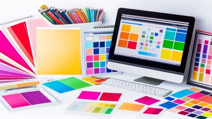 Color swatches, pencils, and computer monitor on a white desk.
