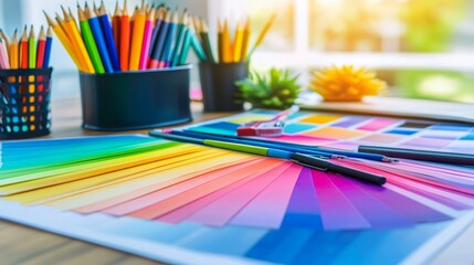 Obraz premium Colorful pencils, pens, and a color swatch book on a wooden table.